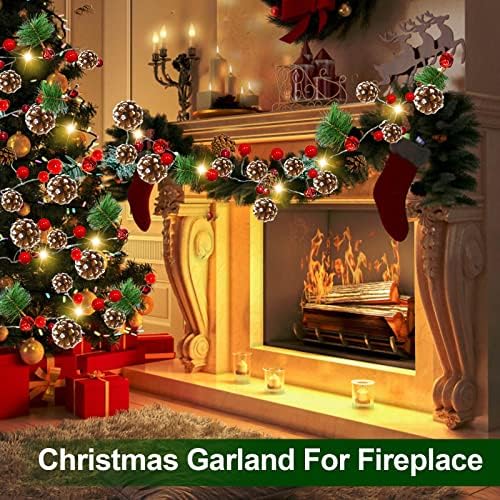 [Timer] Prelit božićni vijenac sa svjetlima, 7 ft Xmas Pinecone Garland s 20 LED 30 crvene bobice 25 pineCone 6 čekinja 6