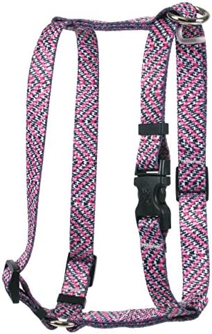 Žuti dizajn pasa ružičasti tweed rimski stil h pseći kabelski svežanj, mali/srednji 3/4 širok i odgovara škrinji od 14 do