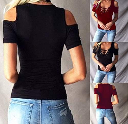 Žene Andongnywell seksi od čipke u obliku ramena majica s kratkim rukavima v bluza bluza prednji gornji majica