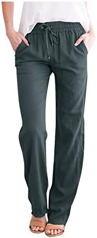 Ženske pamučne lanene hlače s elastičnim pojasom S vezicama i bočnim džepovima, Ležerne široke udobne hlače visokog rasta,