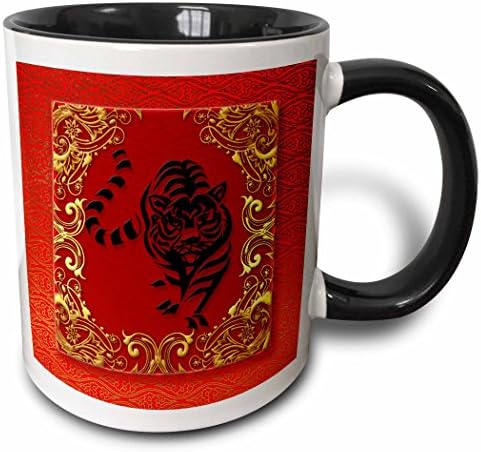 3Drose Mug_101855_4 Zodiac Tiger Kineska Nova godina crvena, zlatna šalica s dva tona, 11 oz, crno/bijelo