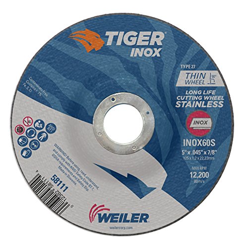 Weiler 58111 5 x 0,045 Tiger Inox Thip 27 Thin Cut Wheel, Inox60s, 7/8 A.H.