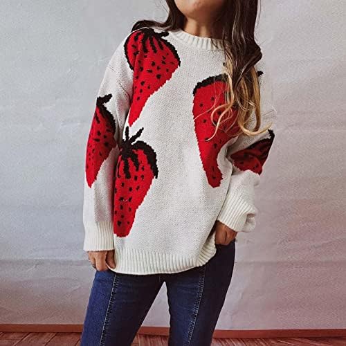 Ženski kawaii džemper Slatki jagodni tisak Crewneck pleteni džemperi 2022 ležerni dugi rukavi lagani vrhovi