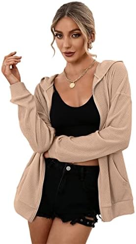 Dyexces ženske kapuljače dugih rukava Preveliki dukserice zip up waffle jakne solidna kapuljača za boje labavi kaput s džepovima