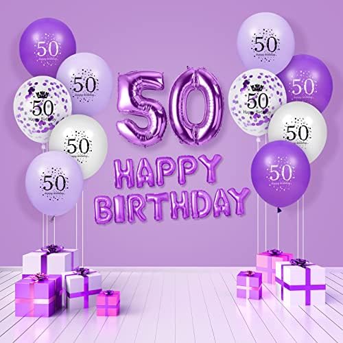 50. ljubičasti rođendanski baloni ukrasi, 16 pcs ljubičasti bijeli konfeti lateks baloni za žene muškarci sretni rođendanski